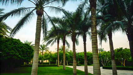 Majestic palm trees with their towering trunks p