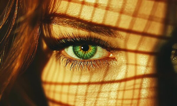 Close-up of woman's eye, through a grid pattern