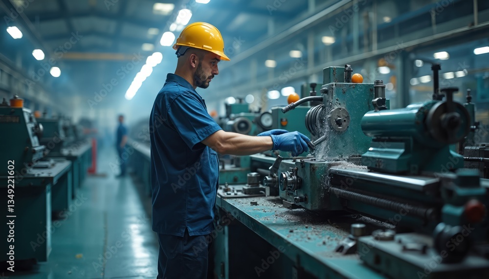 Poster engineer operates lathe machine in factory workshop. man in yellow helmet and blue uniform. manufact