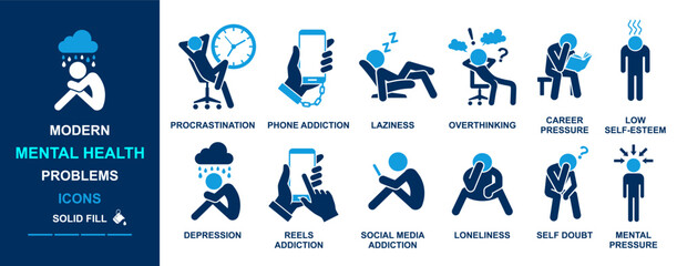 modern mental health problems procrastination, depression, social media addiction, over thinking self doubt, phone addiction, laziness,  reels addiction, career pressure, mental pressure, loneliness, 