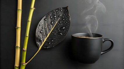 Zen Moment: A steaming mug of coffee sits beside a water-droplet-adorned leaf and bamboo stalks, offering a minimalist depiction of morning tranquility. 