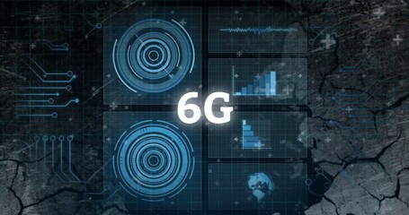 Animation of 6G technology with digital data graphs and futuristic world map - Powered by Adobe
