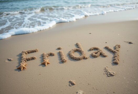 Friday Sand Writing on Beach with Starfish Near Ocean Waves