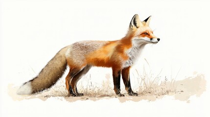 Fototapeta premium Realistic digital illustration of a red fox standing gracefully in a natural grassy environment with soft background colors