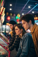 Friends intensely focused while playing a claw machine at an arcade, attempting to win a prize. (Prize)