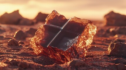 Glowing ice cube on rocky, red terrain at sunset.