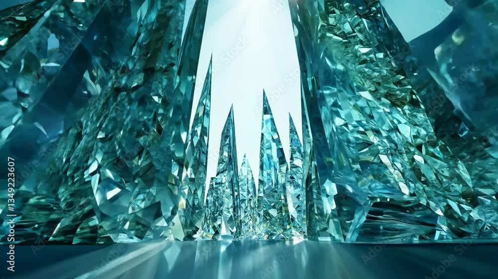 Poster a large blue crystal structure with many small crystals. the structure is very tall and has a lot of