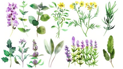 Charming Hand - Drawn Vector Watercolor Set: Herbs, Wildflowers, and Spices for a Rustic Touch