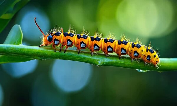 A vibrant caterpillar with orange, black, and yellow pattern crawls along a green stem.