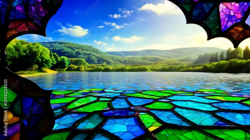 Aufkleber a colorful mosaic with a blue and green tile. the mosaic is on a field. the field is green and has t