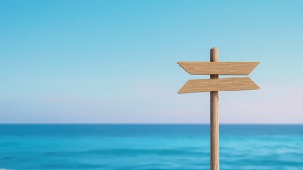 A wooden signpost stands against a serene ocean backdrop, symbolizing direction and choices in a tranquil setting.