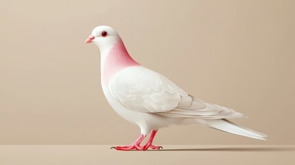 Obraz premium Pigeon's Gentle Pose: A single pigeon, with a striking plumage of white and touches of pink, stands gracefully in a studio setting, exuding serenity and purity.