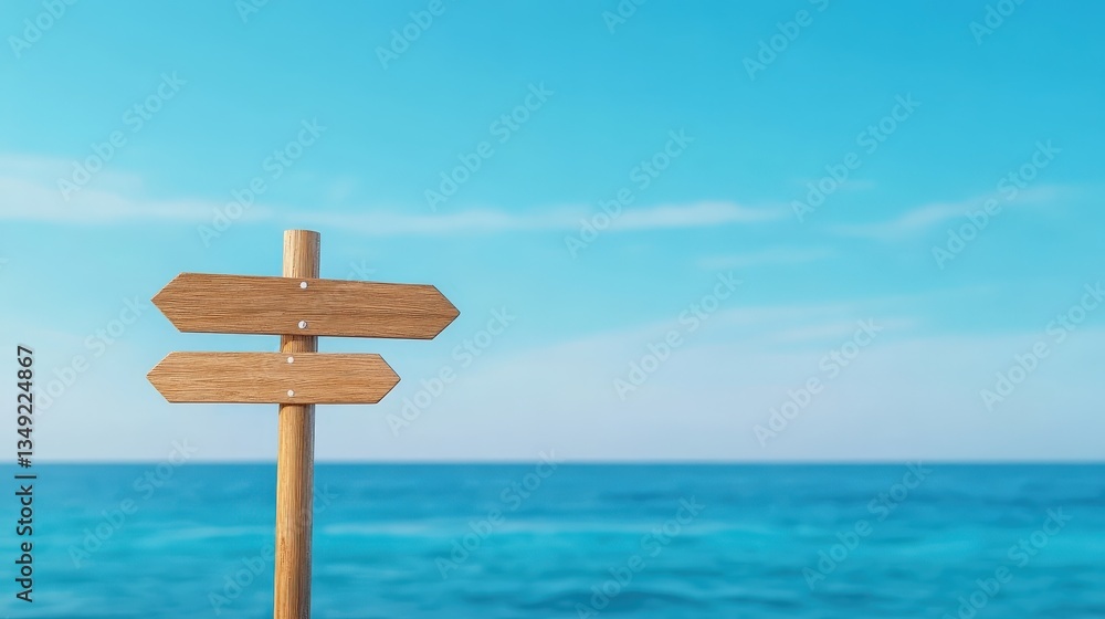 Poster a wooden signpost with multiple directional arrows stands against a serene ocean backdrop under a cl
