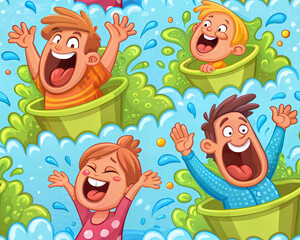 Fototapeta premium seamless pattern of cheerful children enjoying playful April Fools festival with vibrant splashes and joyful