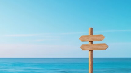 A wooden signpost with two arrows stands against a serene ocean background, symbolizing choices and direction.