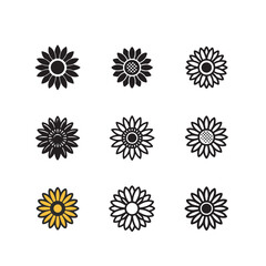 Sunflower Icon Set: Black, White, and Yellow Variations
