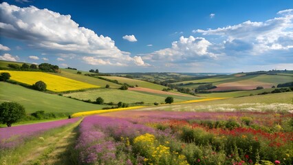 A flower-covered countryside under a clear sky.

