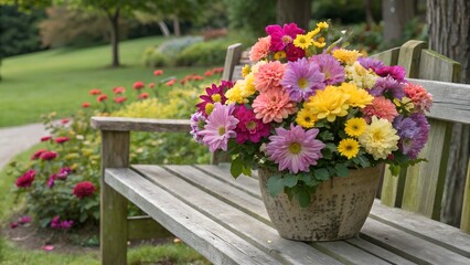 Fototapeta premium A colorful floral arrangement placed on a wooden bench.