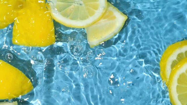 Slow motion of a slices of fresh lemons falling into water top view.