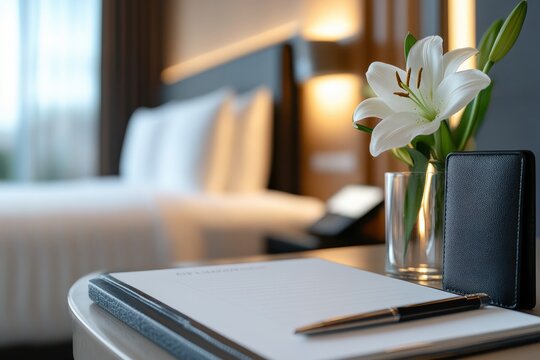 The image captures a stylish hotel workspace decorated with elegant floral accents, showcasing a tranquil environment designed for focused work and personal relaxation.