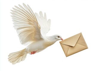 Obraz premium White Dove in Flight Carrying Brown Envelope Against White Background
