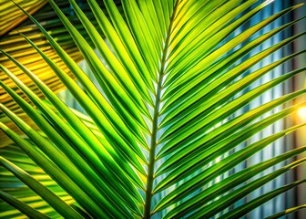 Fototapeta premium Close-up of vibrant green palm frond illuminated by sunlight through a window.