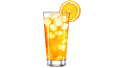 A vibrant glass of iced tea garnished with a slice of orange, featuring ice cubes and a refreshing, inviting color.