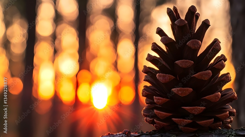Poster a pine cone in focus with a beautiful sunset and blurred trees in the background creating a warm, se