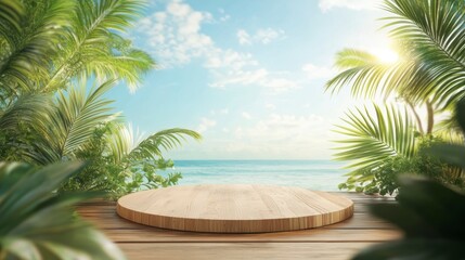 Fototapeta premium Tropical beach scene with empty wooden platform.
