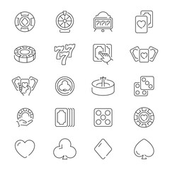 Casino vector icon set. Gambling icons. Casino, poker, gamble games, gambling, dice, playing cards, slot  thin line icon collection. Editable stroke