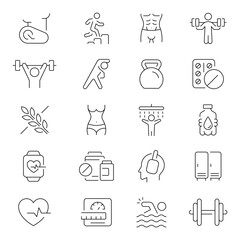 Fitness vector icons. Fitness and sport thin line icons. Fitness, physical activity, nutrition, sports related thin line icon collection. Editable stroke