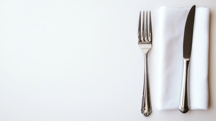 Table setting with fork, knife, and napkin on white surface