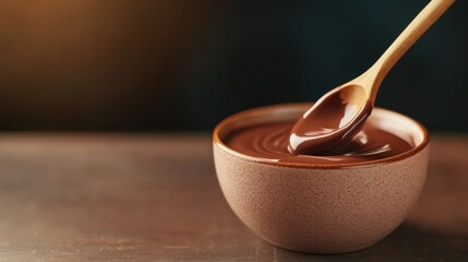 Smooth Chocolate Spread in a Brown Bowl with Wooden Spoon on Wooden Surface Creating a Cozy and Delicious Atmosphere of Comfort Food Indulgence