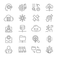 Project vector icons. Project management icon collection. Project, planning, scheduling, management related thin line icon collection. Editable stroke