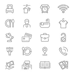 Hotel vector icons. Hotel icons collection. Hostel, apartment, reception, hotel maid, hotel related thin line icon collection. Editable stroke