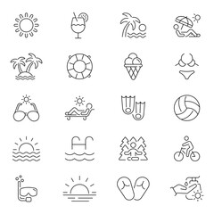 Summer icons collection. Summer vacation vector icons. Travel, beach, tourism, holidays, relax, summer related thin line icon collection. Editable stroke