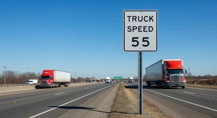 Truck Speed Limit Sign on Highway with Semi Trucks Driving