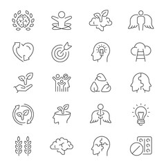 Mental health vector icons. Set of mental health icons. Anxiety, stress, psychology, brain, calm, Mental health related thin line icon collection. Editable stroke
