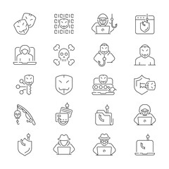 Hacker attack icons. Hacker line icon set. Cyber, attack, software, virus, scam, hacker, fraud, hacker attack related icons. Editable stroke, thin line icons set