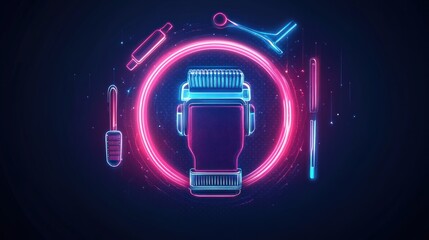 Obraz premium Neon Hair Clipper with Tools, Digital Background, Salon