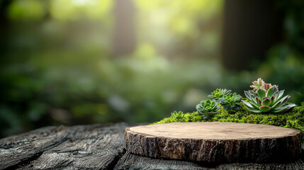 rustic podium made of wood showcases vibrant green moss and various succulent plants, creating serene and natural atmosphere