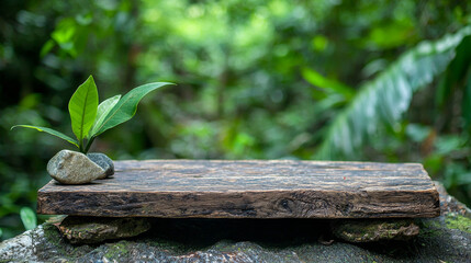 Fototapeta premium rustic reclaimed wood podium with small green plant and stones, set against vibrant green forest backdrop, evokes sense of tranquility and nature