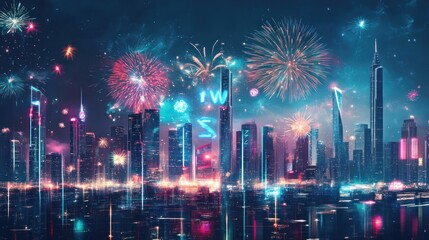 Cityscape fireworks New Year's celebration reflection