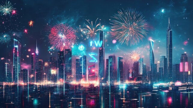 Cityscape fireworks New Year's celebration reflection