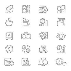 Finance banking outline money vector icon set. Financial and banking icons