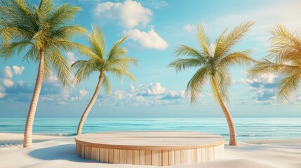Tropical beach scene with a wooden round platform on the sand under palm trees.