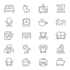 Domestic house elements vector outline icon set. Furniture and home interior icons