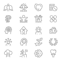 Psychology and mental growth vector outline icon set. Brain and mind development icons