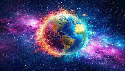 Obraz premium A vibrant depiction of Earth surrounded by cosmic flames and stars, showcasing the beauty and mystery of the universe.