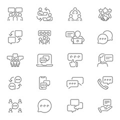 Discussion and dialogue vector outline icons set. Communication and conversation symbols